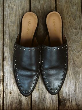 Calvin Klein Black Leather Studded Floral Mules - Size 7